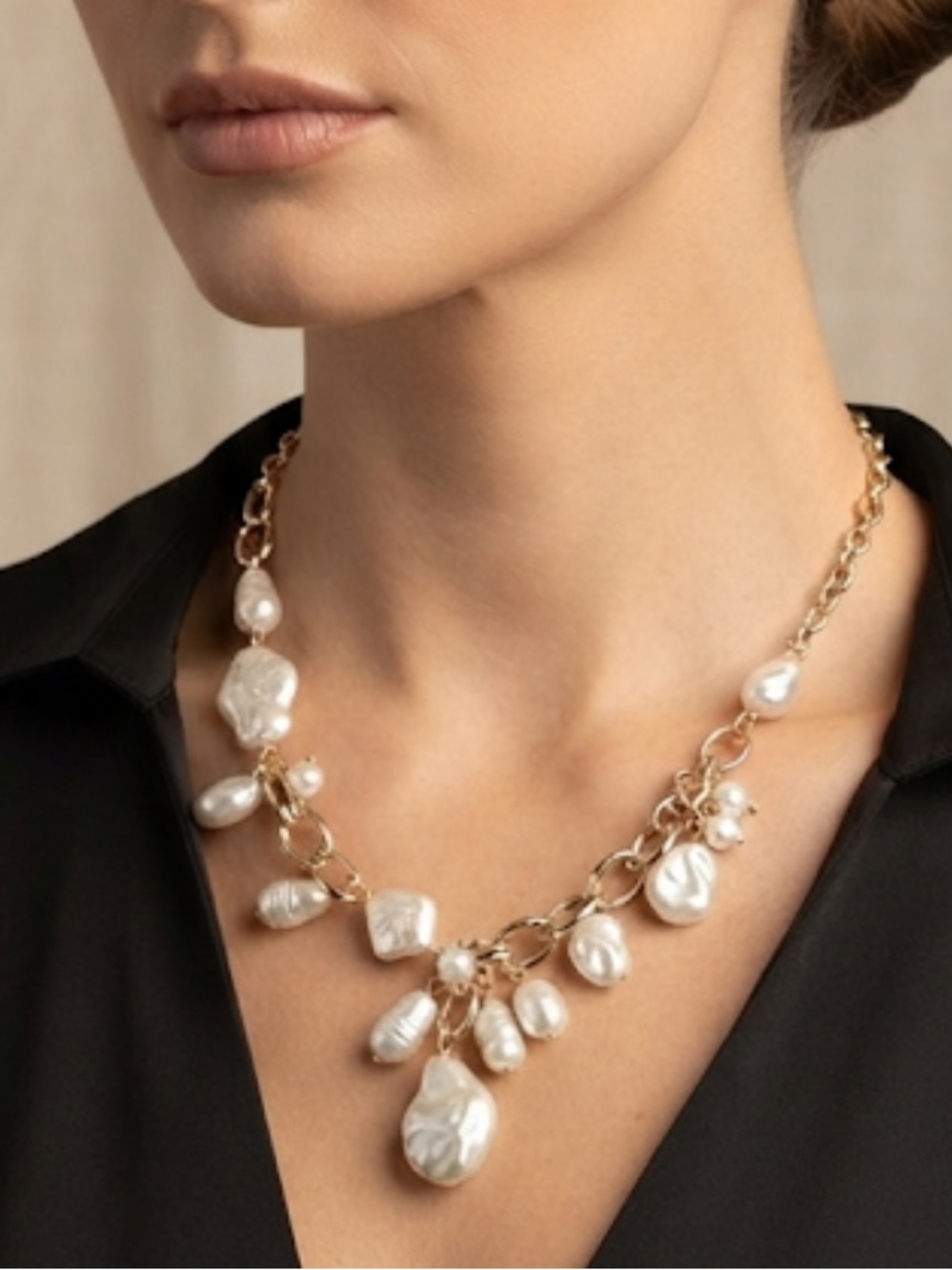 paparazzi Gold Chain Necklace with White Baroque Pearl Charms